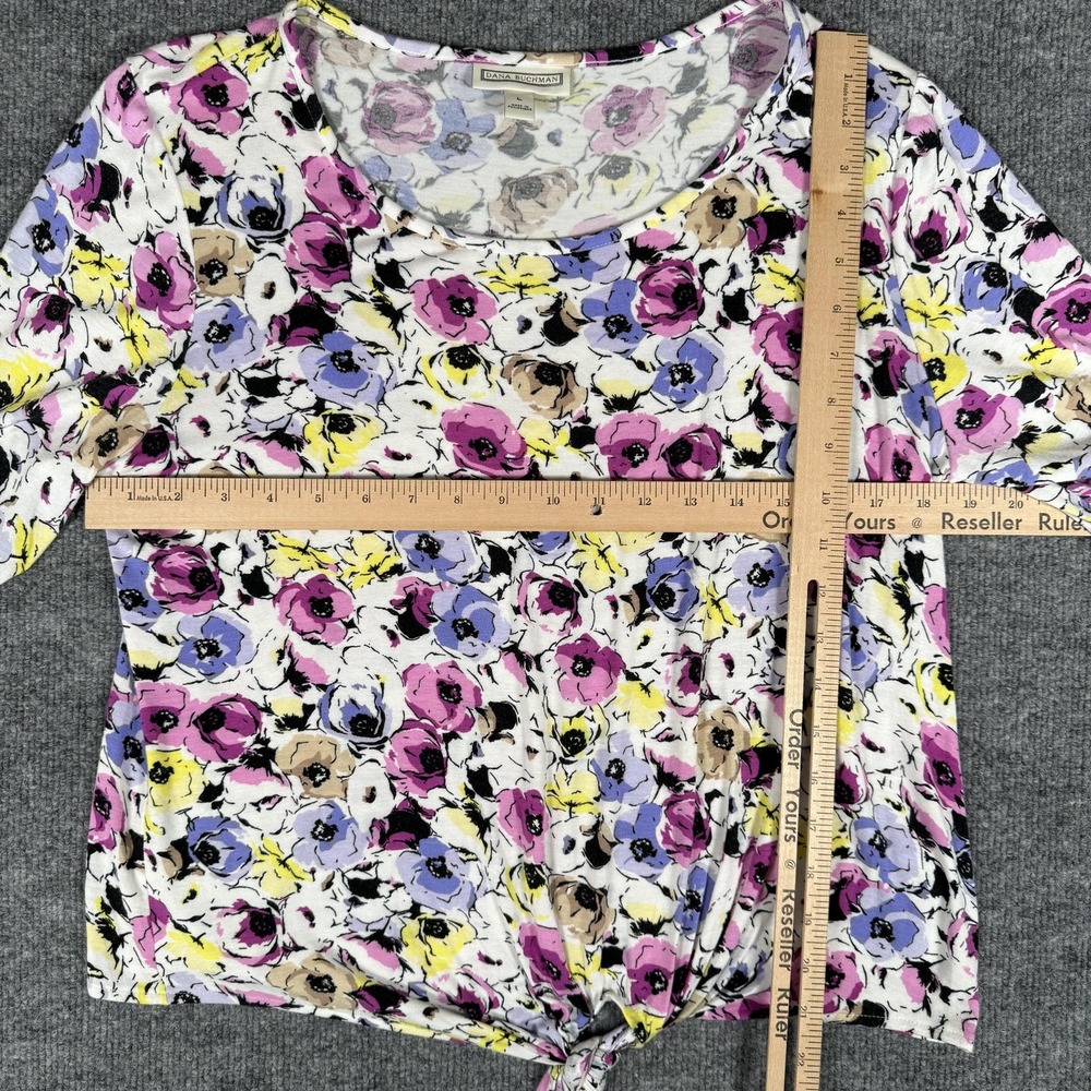 Dana Buchman Shirt Large Colorful Floral Print Tie Front 3/4 Sleeve Rayon Top - Picture 3 of 11